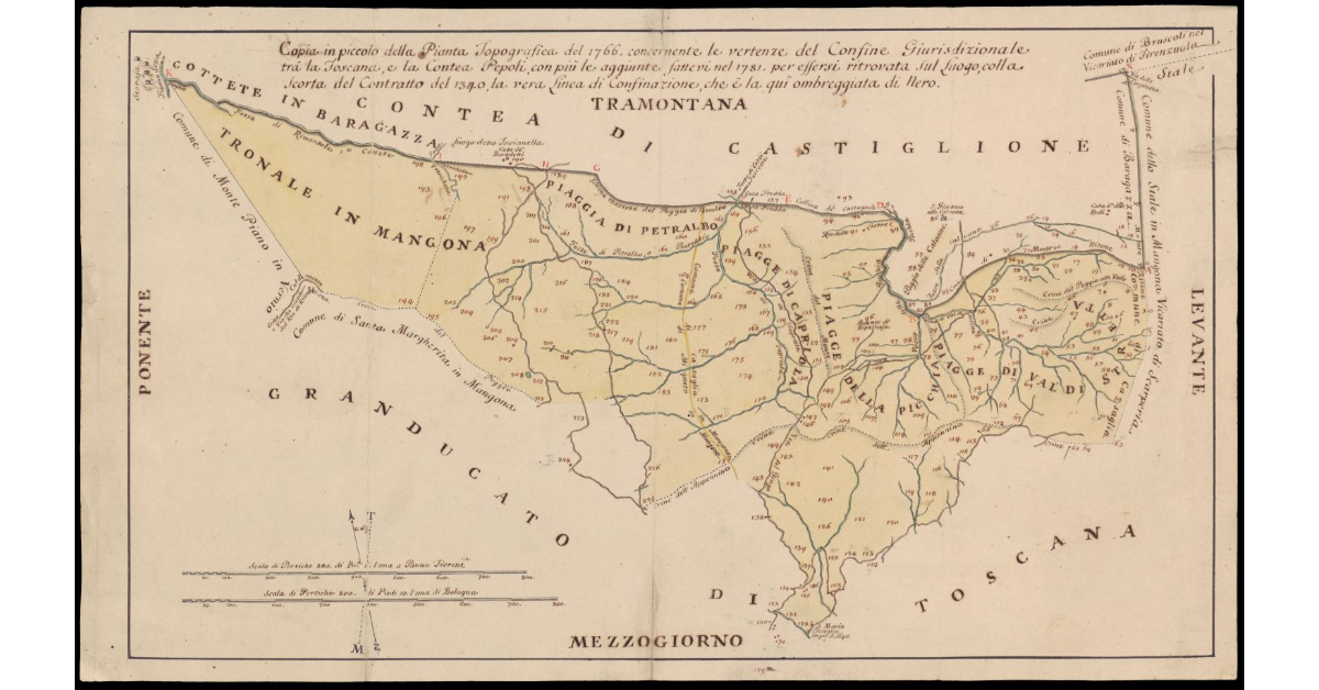 Copia in piccolo della Pianta topografica del 1766, concernente le vertenze del confine giurisdizionale fra la Toscana, e la Contea Pepoli con più le aggiunte fattevi nel 1781