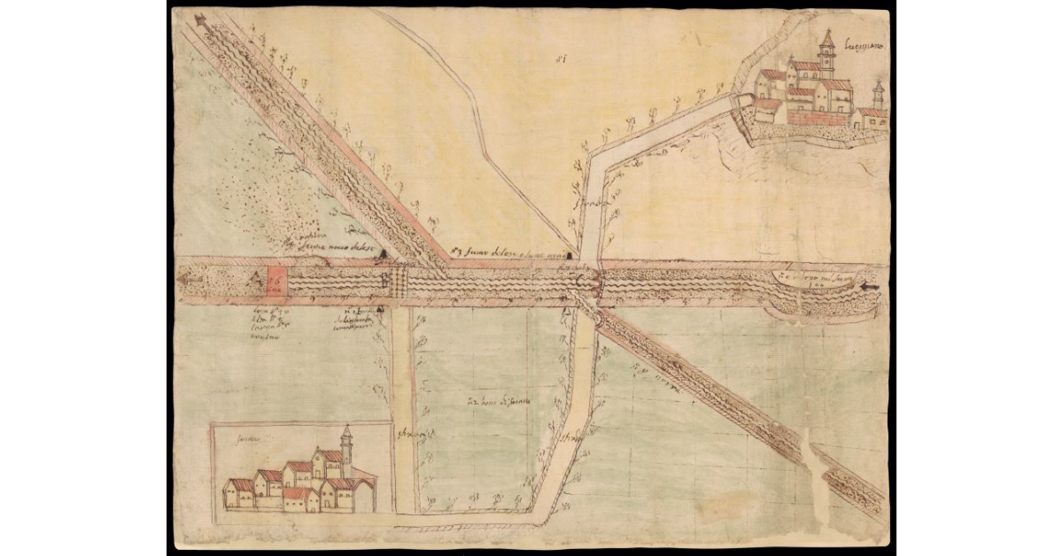 [Disegno del fiume Esse con i castelli di Lucignano e di Foiano]