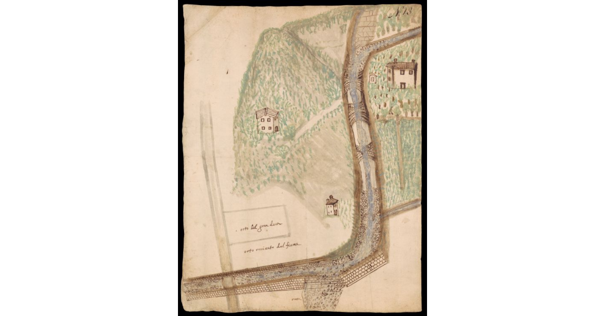 [Disegno di un corso d'acqua con rottura dell'argine presso un orto del granduca]