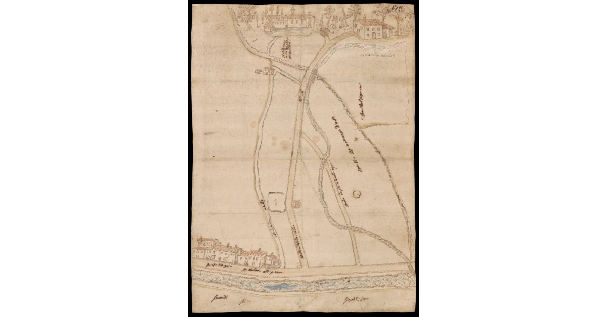 [Disegno di un tratto dell'Arno lungo la Via Pisana a Lastra a Signa con il convento delle Selve]