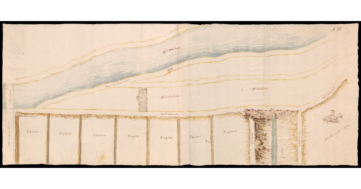 [Pianta di un tratto del fiume Ombrone con l'alveo vecchio e nuovo presso i beni Bartolommei, Gianfigliazzi e Piccolomini]