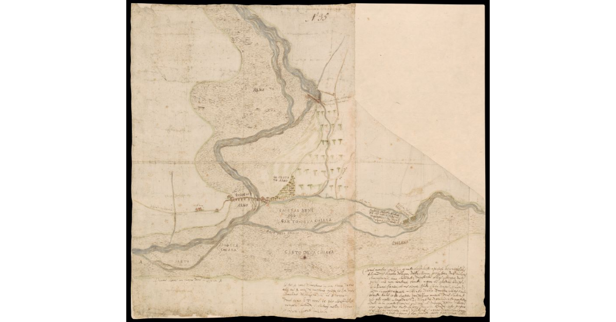 [Disegno della confluenza fra il fiume Arno e il fiume Chiana al Ponte a Buriano]