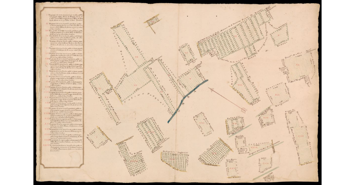 [Pianta di diversi appezzamenti di terra attinenti al Podere di Brozzi tra le vie alla Sala e Donnini]