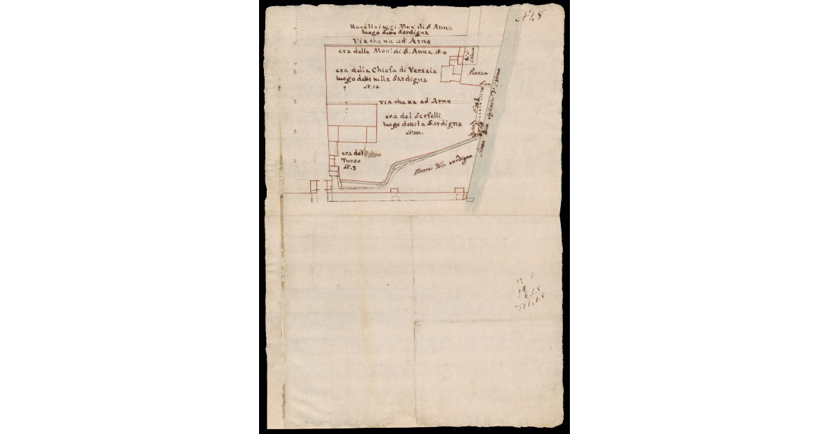 [Pianta di case, vie e terreni in prossimità dell'Arno a Firenze nel luogo detto La Sardigna]