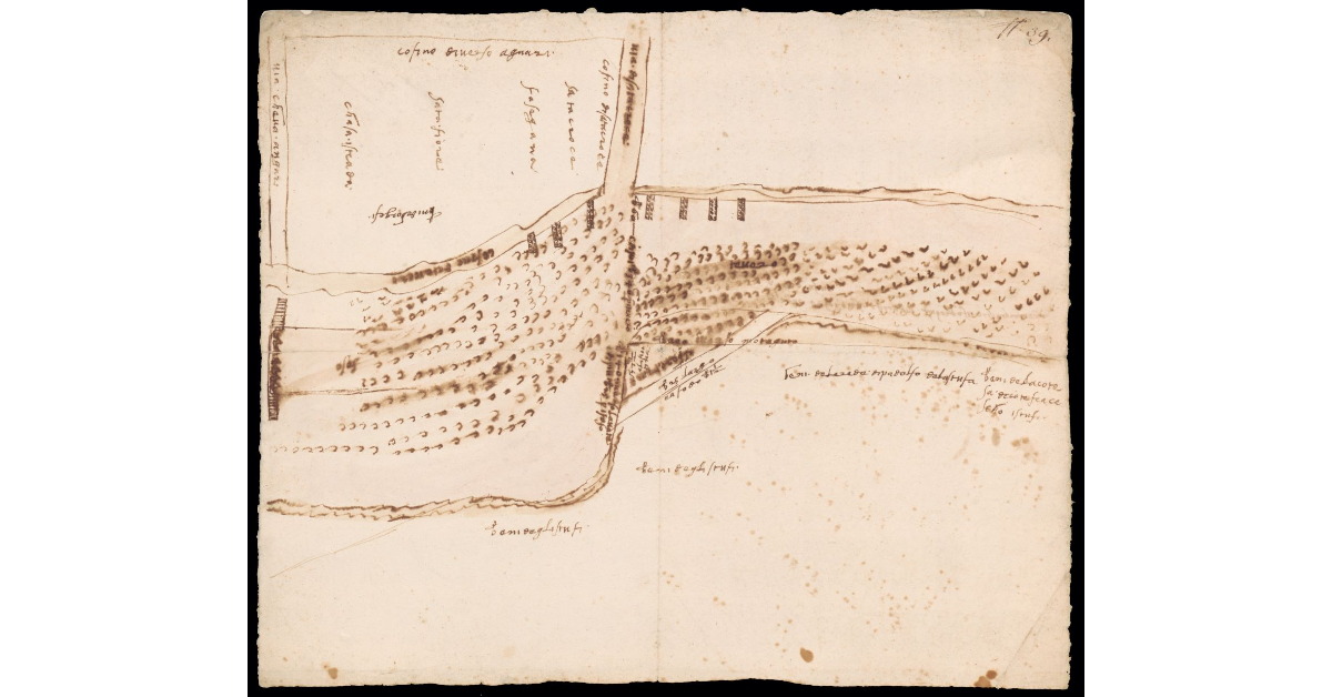 [Pianta di terreni per una controversia di confine tra il conte Francesco Della Stufa per il feudo di Montauto e Anghiari, lungo il Tevere]