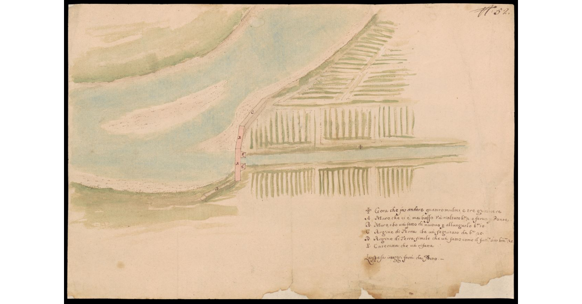 [Pianta di un tratto di fiume con una gora che alimenta quattro mulini e tre gualchiere]