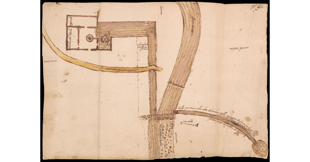 Schizzo del fiume Virginio dalla pescaia dalla quale si prende l'acqua per le gore dei mulini della Religione dei Cavalieri e di Carlo Paganelli