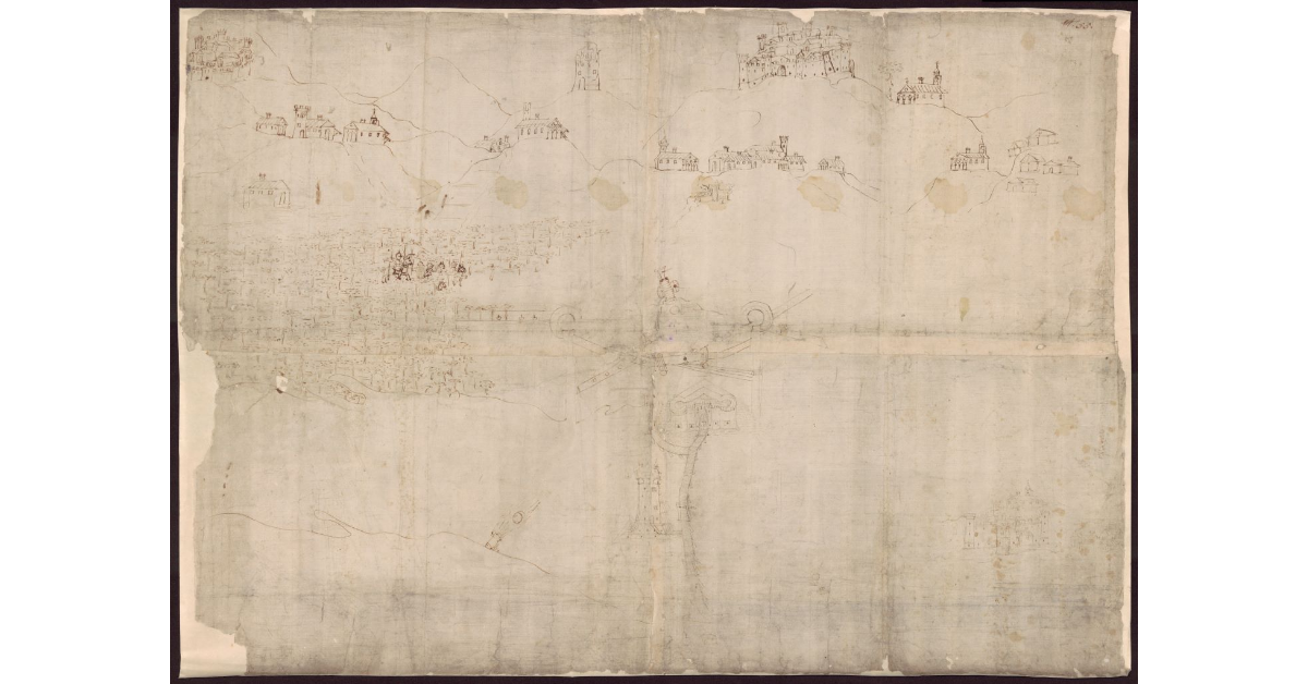 [Schizzo di pianta nella quale sono disegnati castelli e altri insediamenti, con un bosco e postazioni d'artiglieria]