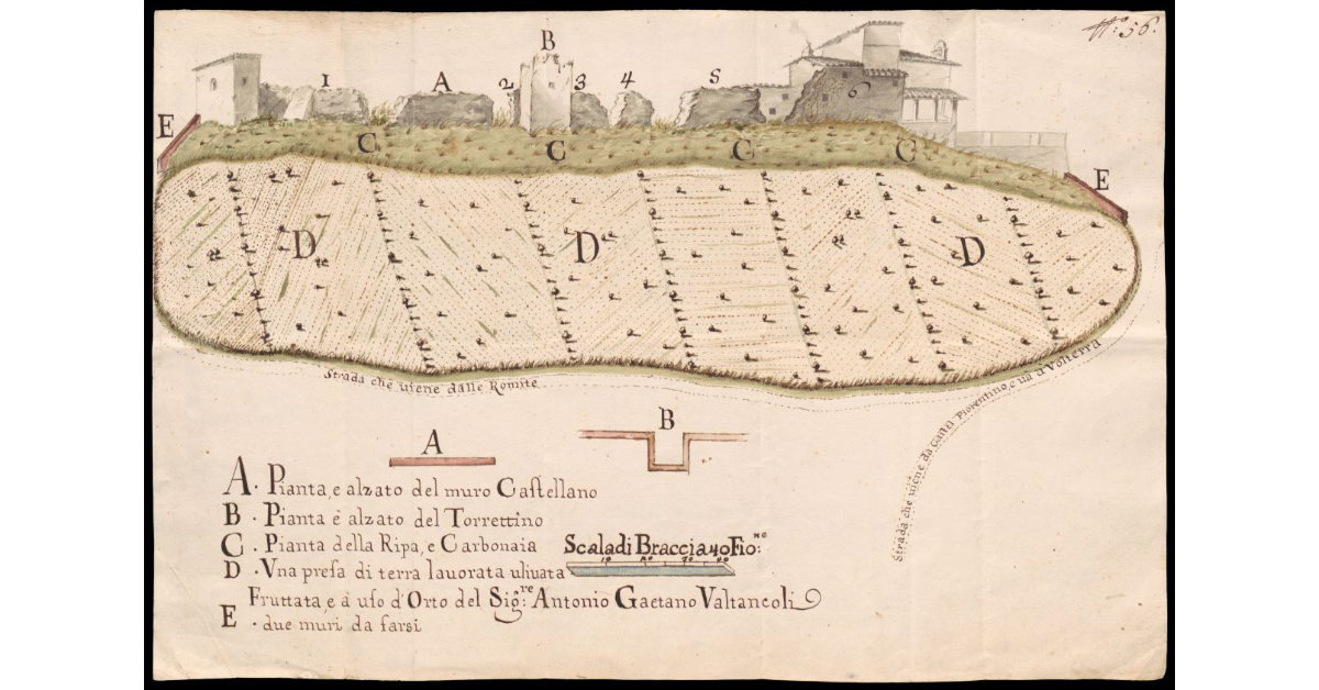 [Disegno di una parte delle mura castellane rovinate di un anonimo insediamento collinare sulla strada da Castelfiorentino a Volterra]