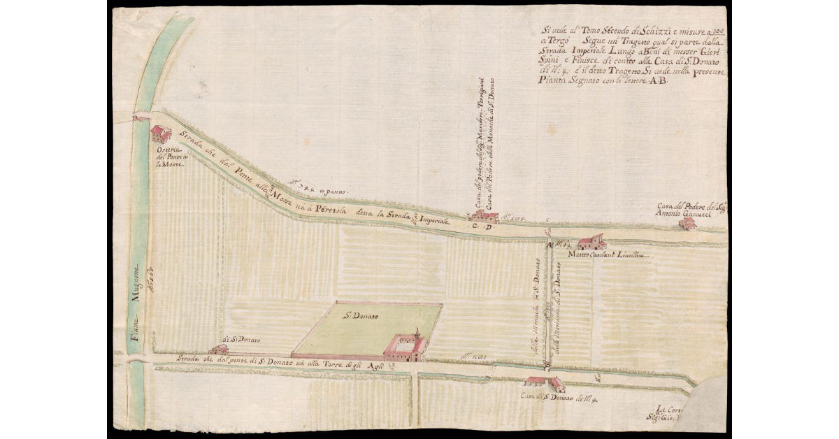 [Pianta del territorio fra il torrente Mugnone, la Strada Imperiale e la strada dal Ponte di S. Donato nei pressi di Firenze]
