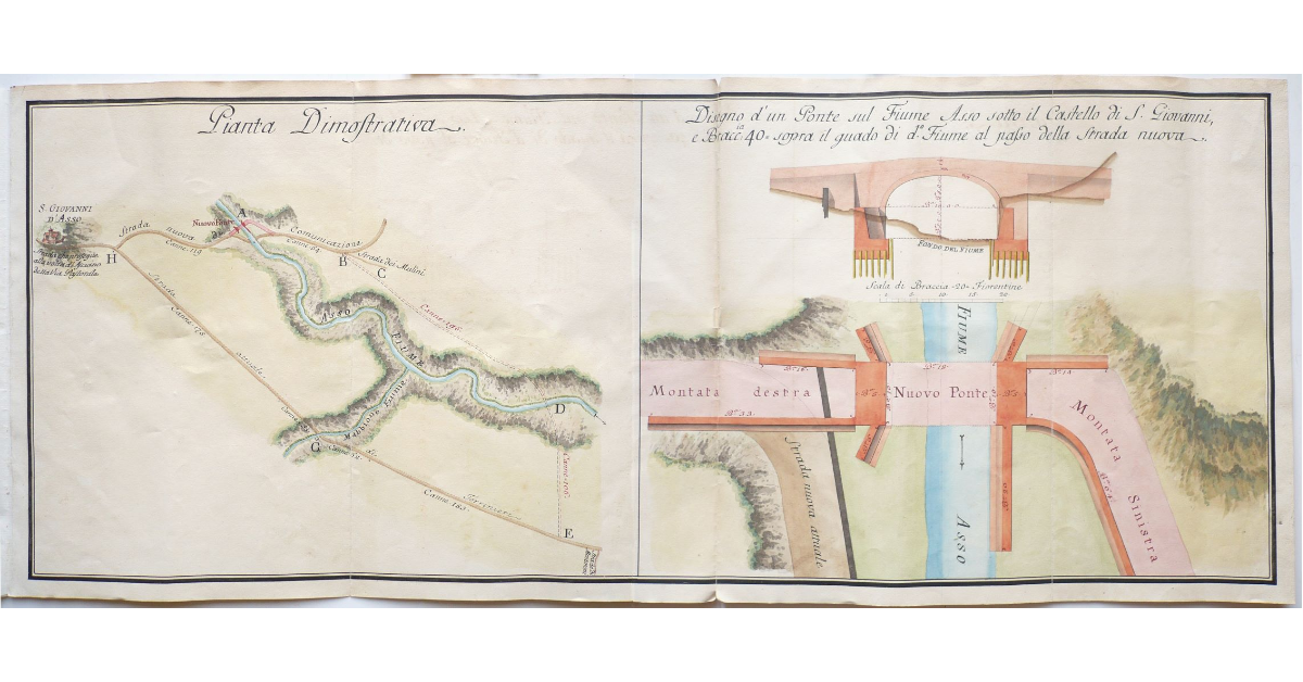 Disegno d'un Ponte sul Fiume Asso sotto il Castello di S. Giovanni d'Asso, e Braccia 40 sopra il guado di detto Fiume al passo della Strada nuova