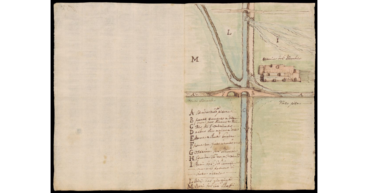 [Pianta della Strada Maestra da Pisa a Firenze con il ponte presso l'Osteria del Pidocchio, tra San Miniato ed Empoli]