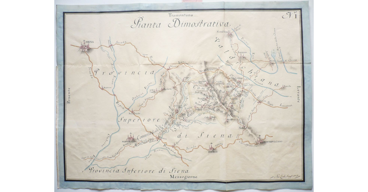 Pianta Dimostrativa [di un progetto di strada che collega le vie Lauretana e Romana con la Grossetana]