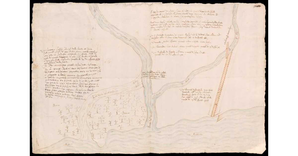 [Pianta delle foci del fiume Serchio e del Fiume Morto con progetto di spostamento dei corsi d'acqua]