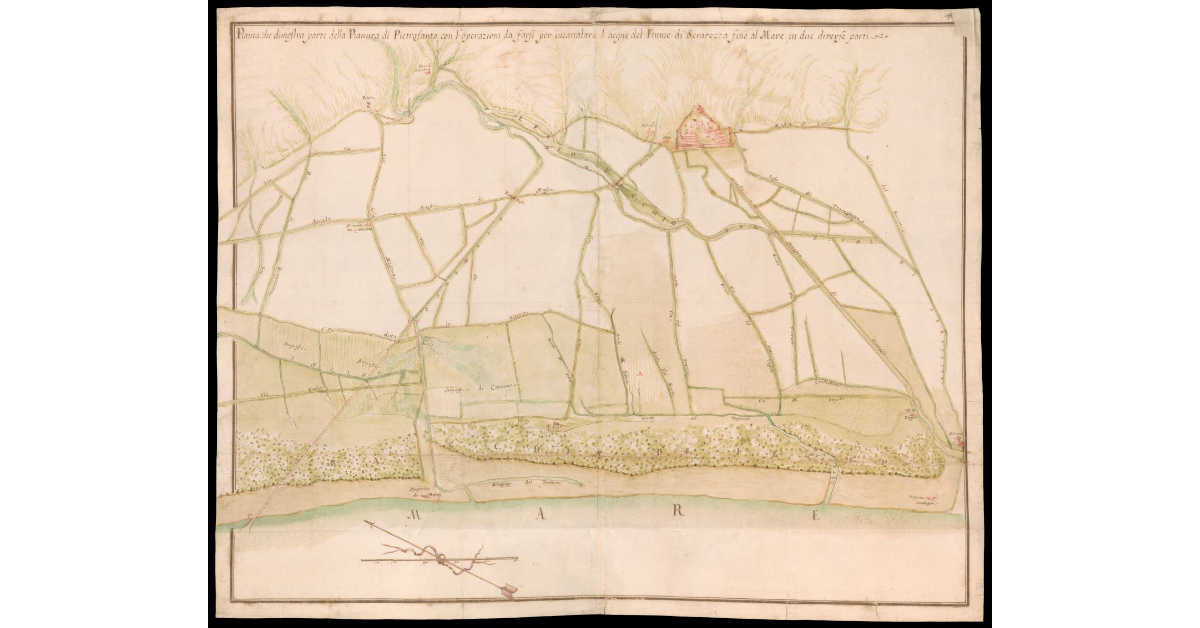 Pianta che dimostra parte della Pianura di Pietrasanta, con l'operazioni da farsi per incanalare l'acque del fiume di Seravezza fino al mare, in due diverse parti
