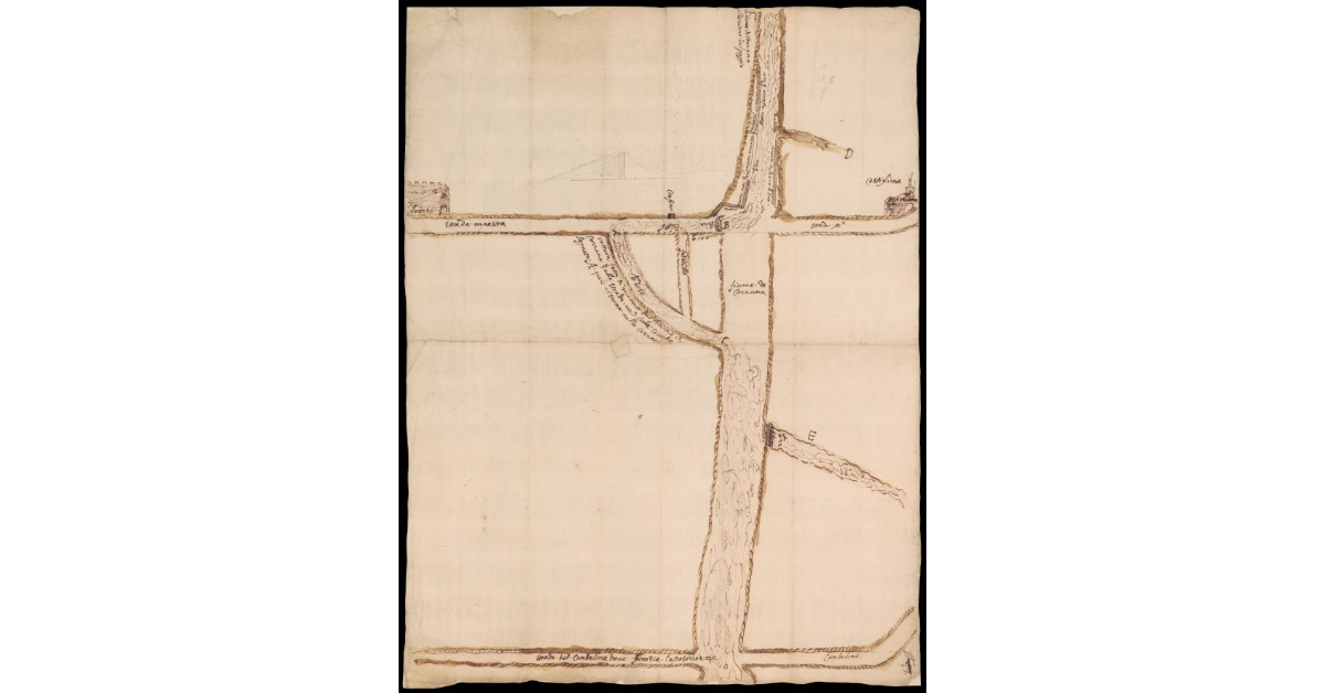 [Pianta di un tratto del fiume di Cozzana, con sue rotture sulla strada fra Arezzo e Castiglion Fiorentino]