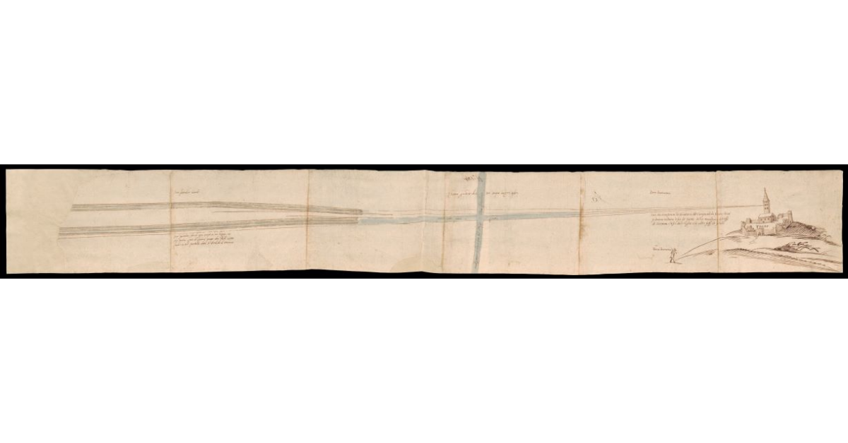 Linee che dimostrano la dirittura del campanil di Foiano dove si devono voltare le siti de fiumi della Mucchia del Esse di Cortona e le siti delle riglie e di altri fossi di scoli