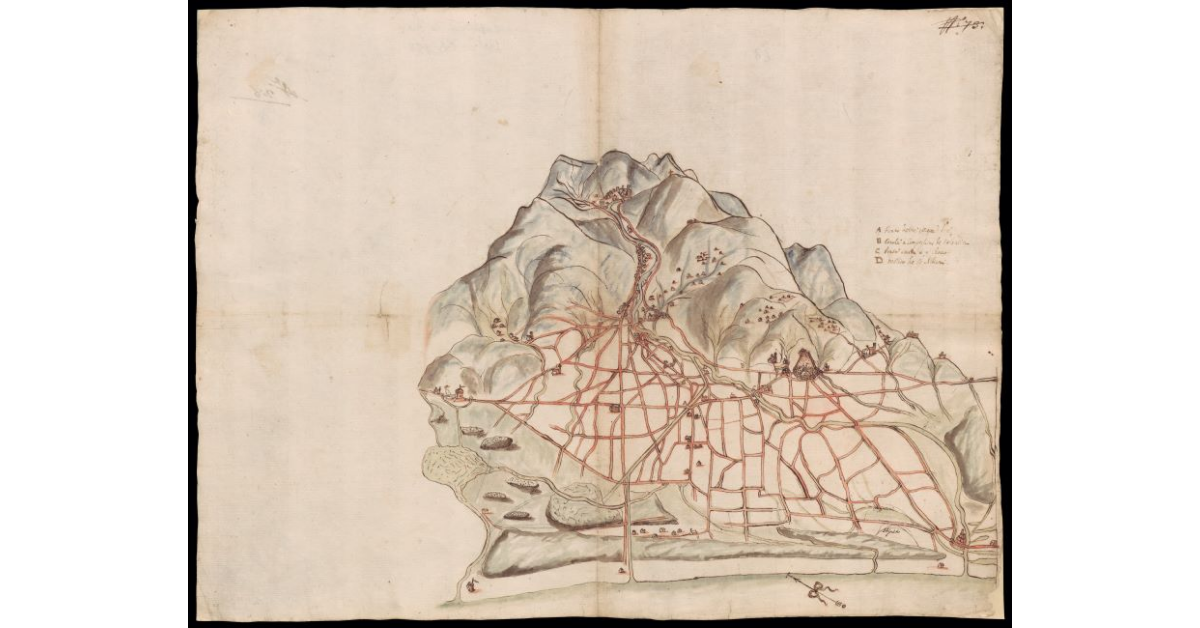 [Pianta prospettica del territorio di Pietrasanta dalle Alpi Apuane al mare con strade e fiumi]