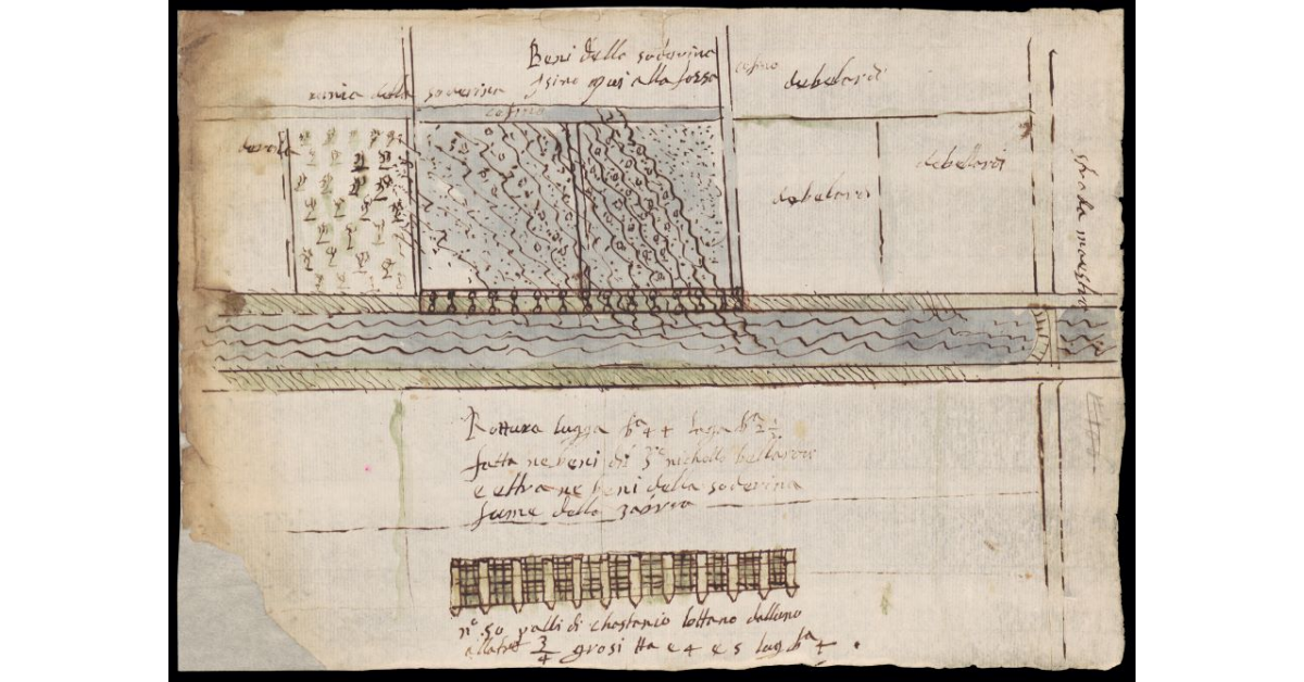 [Pianta di un tratto del fiume Zambra con la rottura dell'argine e con una palificata da farsi]
