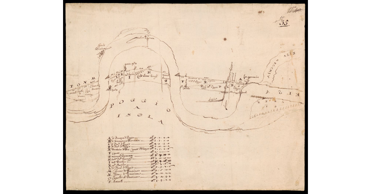 [Pianta di un tratto del fiume Elsa presso Poggio a Isola con progetto di canalizzazione]