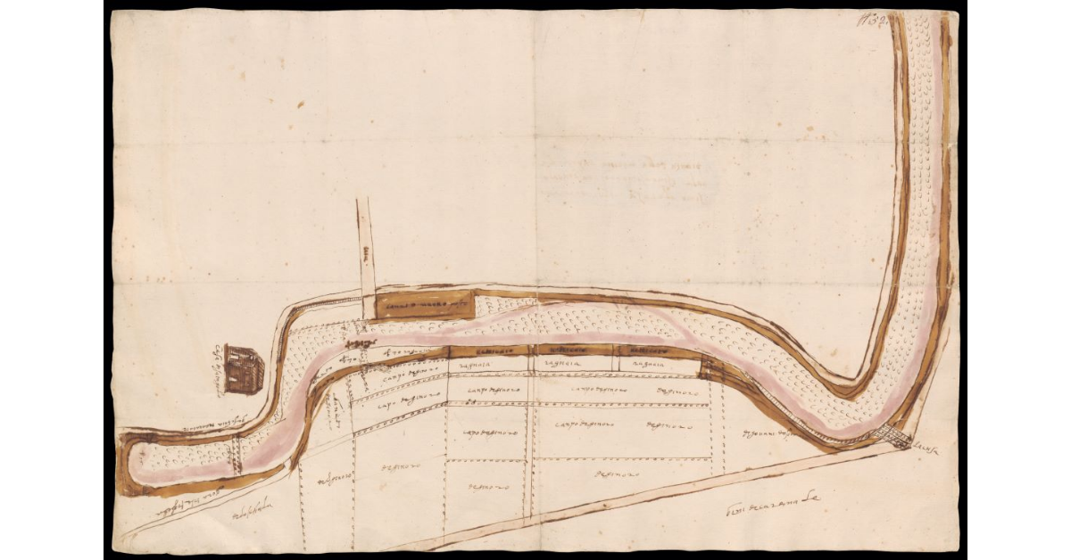 [Pianta di un tratto del torrente Marina al Ponte alla Valle di Calenzano con pescaia e gora del mulino nei beni Ginori]