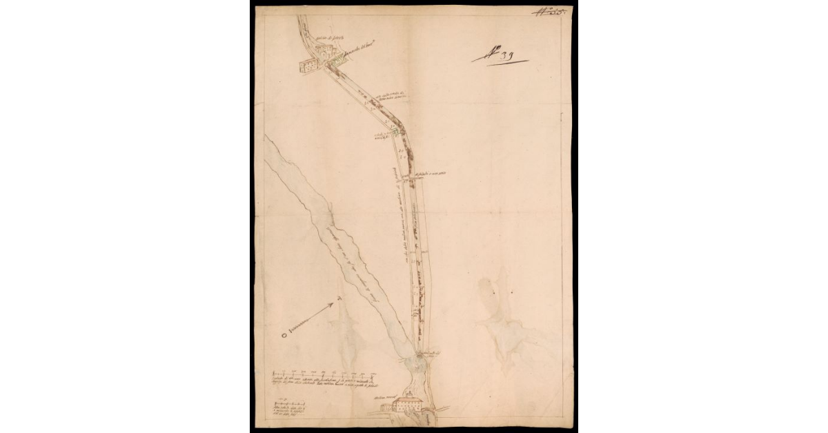 [Pianta di un tratto del torrente Mugnone e del Fosso Macinante dalle Mulina di Petriolo alle Mulina Nuove di San Mauro]