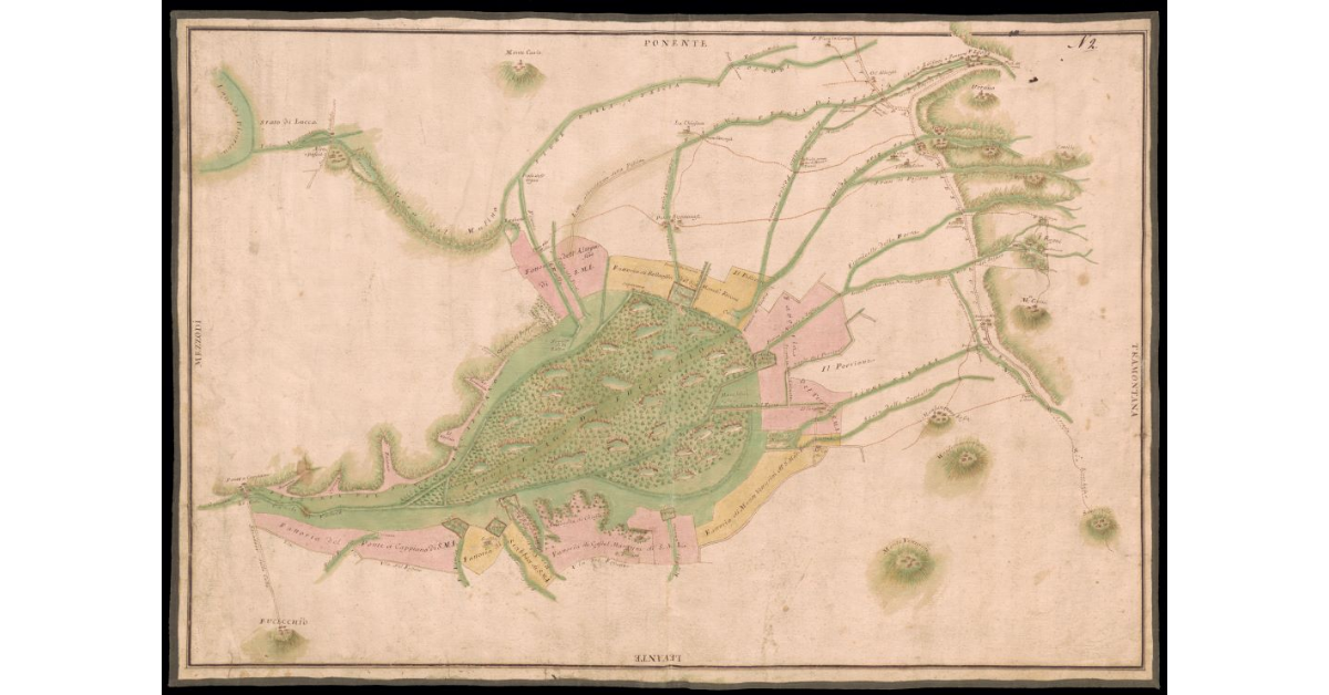 [Pianta del lago-padule di Fucecchio e delle fattorie circostanti tra Valdinievole, Altopascio e Ponte a Cappiano]