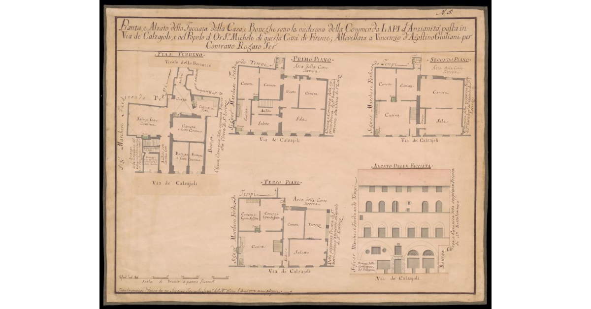 [Piante e alzato di una casa con botteghe a Firenze in Via de' Calzaioli]