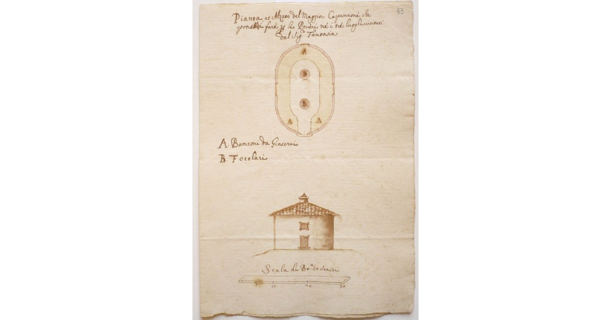 Pianta, et Alzato del Maggior Capannone che potrebbesi fare per li Poveri ne' i tre luoghi visitati dal Signor Fantasia [nel Piano di Grosseto]