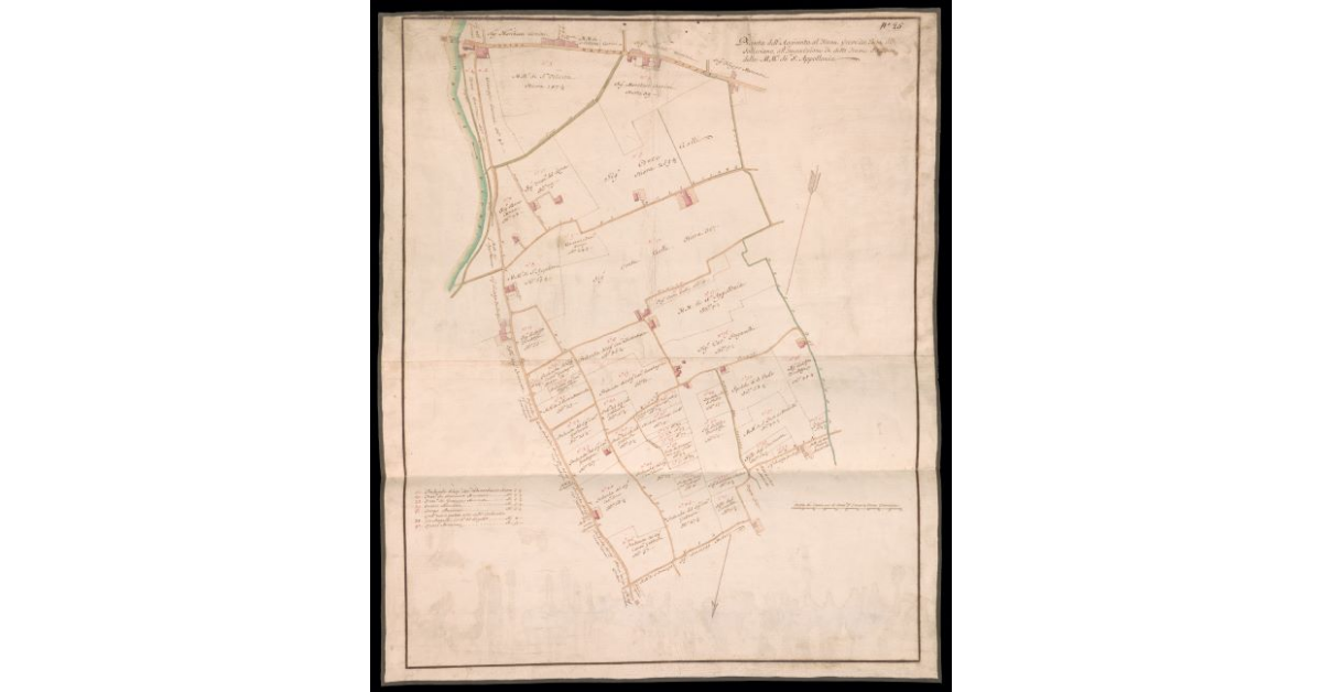 Pianta dell'aggiunta del Fiume Greve da beni di Solicciano, all'Imposizione di detto fiume da beni delle Monache di S. Apollonia