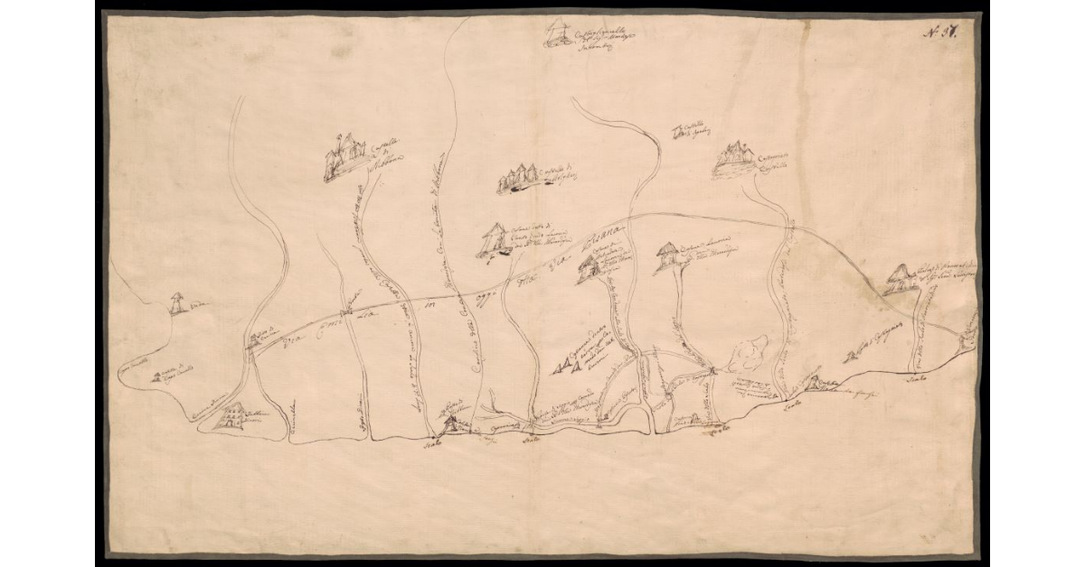 [Pianta del litorale tra Vada e San Vincenzo con le strutture militari di controllo della costa e i castelli dell'entroterra]