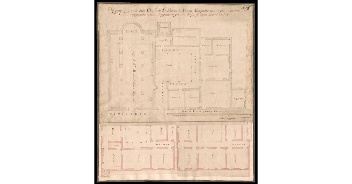 Disegno in pianta della Chiesa di S. Maria di Monte Mignaio con la pianta vecchia della casa e l'aggiunto nuovo disegno in pianta da farsi della nuova casa