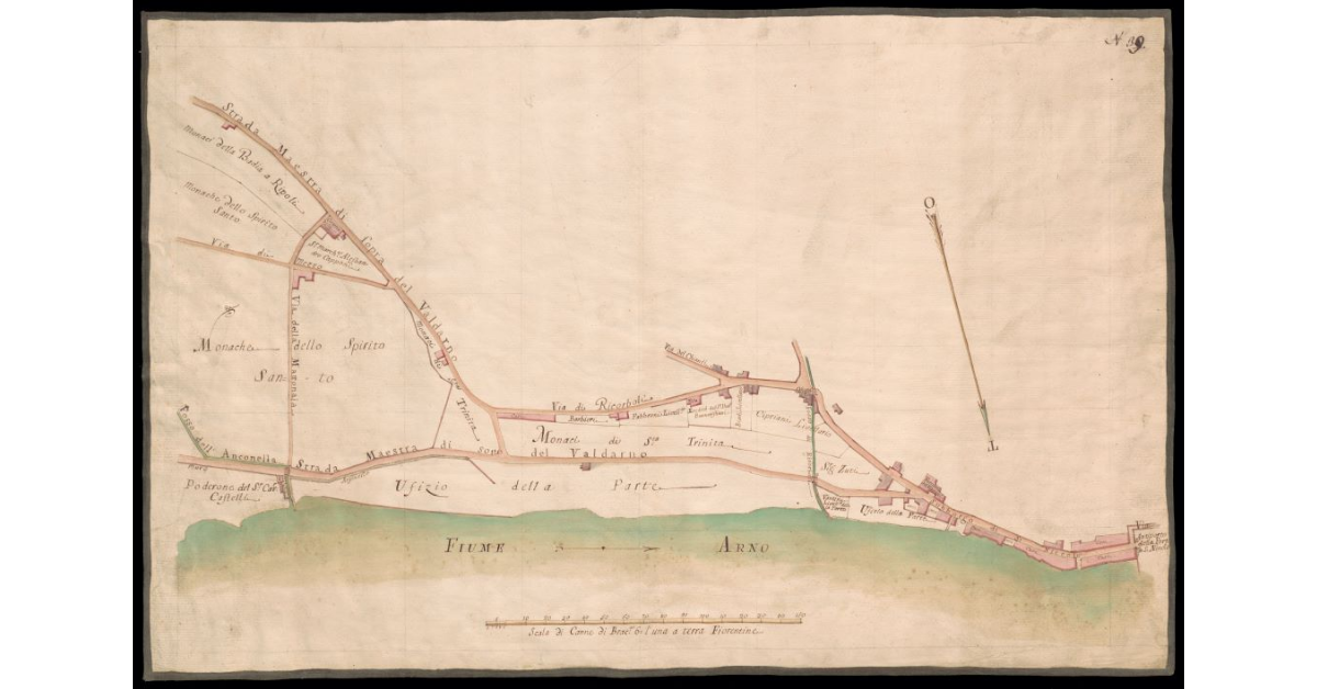 [Pianta di un tratto del fiume Arno dal quartiere di S. Niccolò di Firenze fino all'Anconella con le strade sulla riva sinistra per il Valdarno e il Chianti]