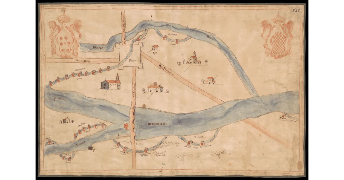 [Pianta del territorio di Pistoia con un tratto del fiume Ombrone alla confluenza dei torrenti Brana e Vincio con i tanti mulini esistenti]