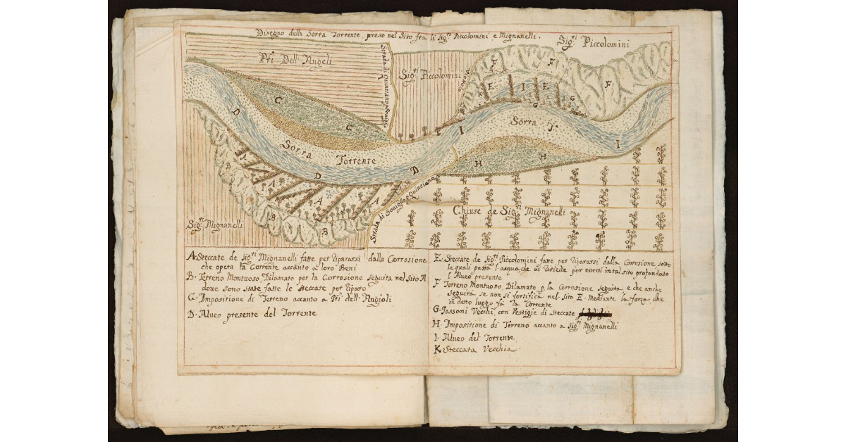 Disegno della Sorra torrente presso nel sito fra li Sig.ri Piccolomini e Mignanelli