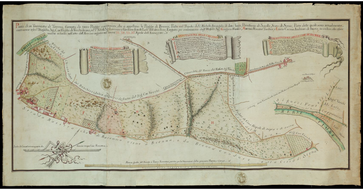 Pianta di un tenimento di terreno, formato da tante piagge continovate che si appellano le Piagge di Brenna poste nel Popolo di S. Michele Arcangelo di detto luogo, Potesteria di Suicille, Stato di Siena