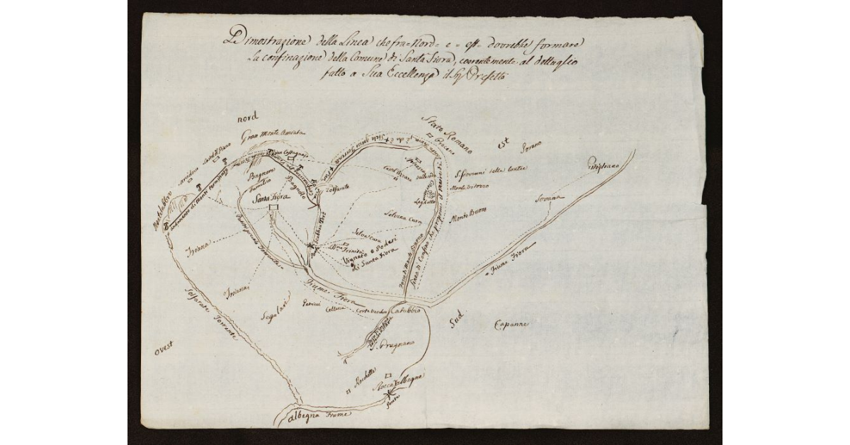Dimostrazione della linea che fra Nord e Est dovrebbe formare la confinazione della Comune di Santa Fiora, coerentemente al dettaglio fatto a Sua Eccellenza il Sig. Prefetto