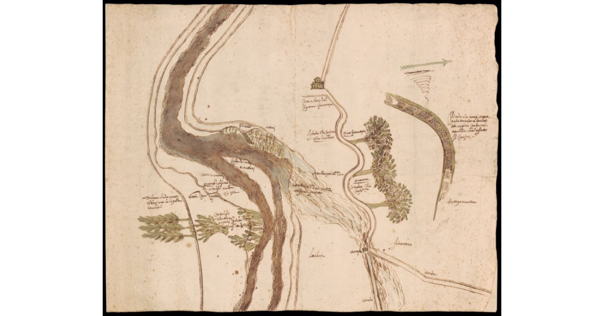 [Mappa di un corso d'acqua al confine tra Pesciatino e Lucchesia, con rottura degli argini]