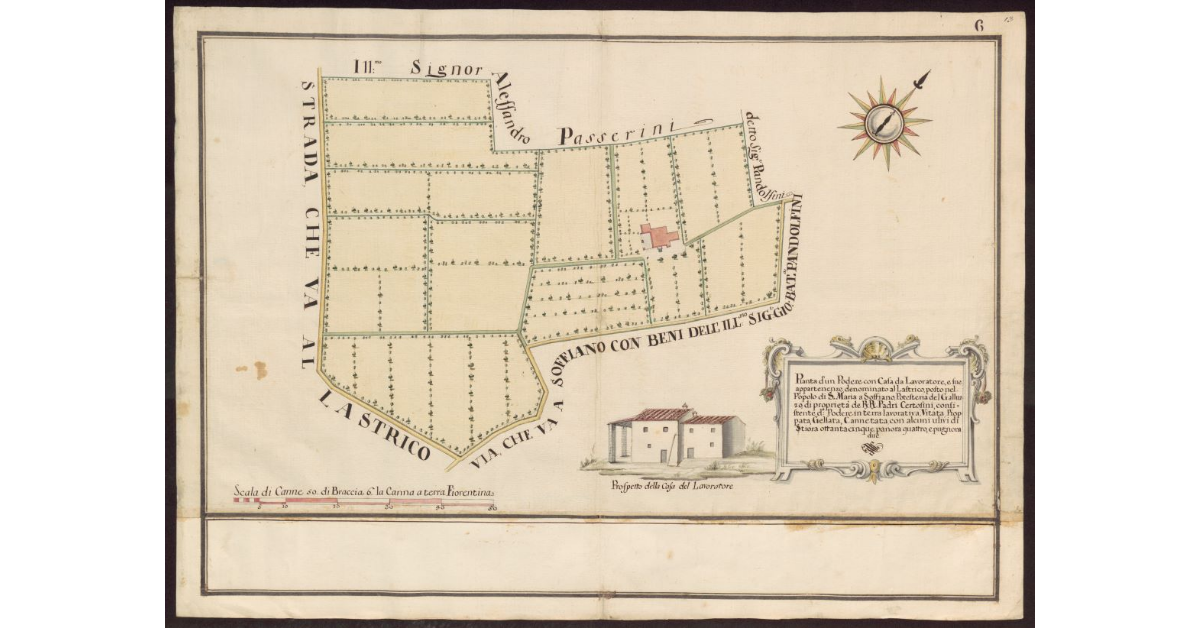 Pianta d'un podere con casa da lavoratore e sue appartenenze denominato al Lastrico posto nel Popolo di S. Maria a Soffiano, Potesteria del Galluzzo