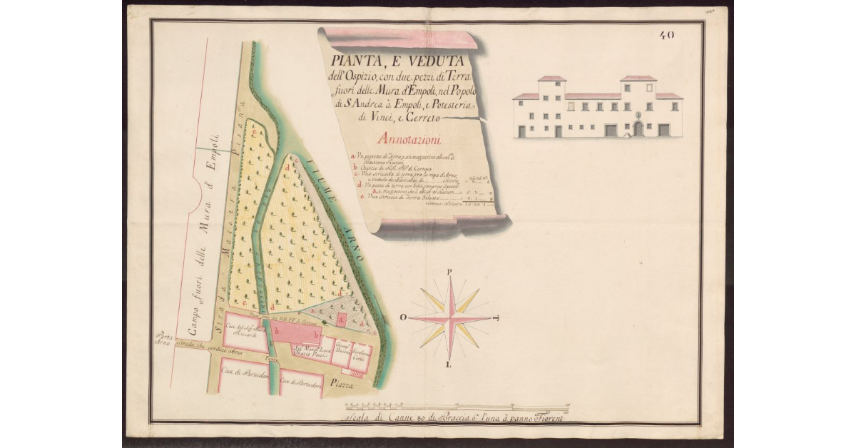 Pianta, e veduta dell'Ospizio, con due pezzi di terra fuori delle mura d'Empoli, nel Popolo di S. Andrea a Empoli, e Potesteria di Vinci e Cerreto