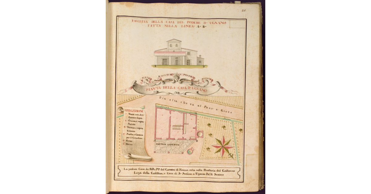 Facciata [e pianta] della casa del Podere di Ugnano