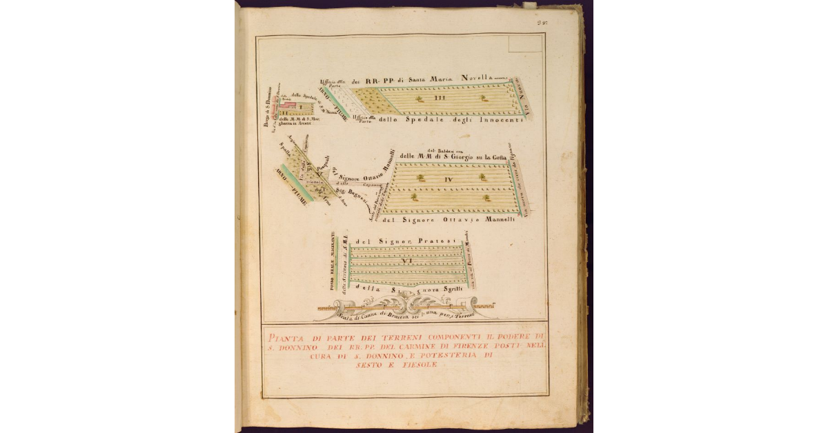 Pianta di parte dei terreni componenti il Podere di S. Donnino dei RR. PP. del Carmine di Firenze posti nella Cura di S. Donnino e Potesteria di Sesto e Fiesole