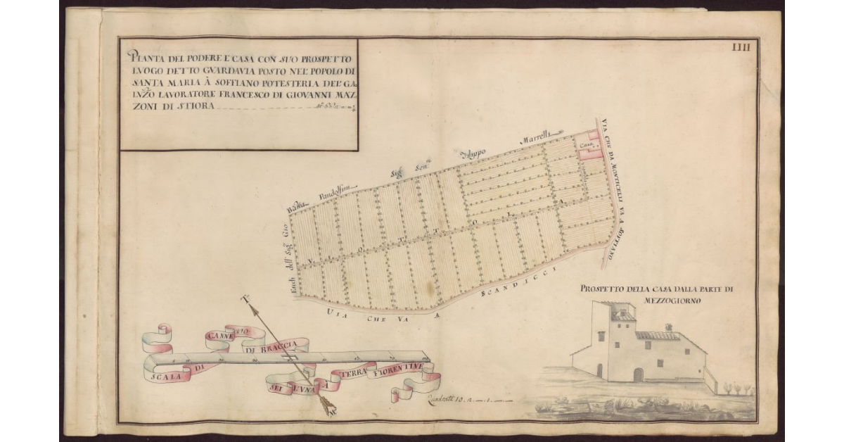 Pianta del Podere e casa con suo prospetto luogo detto Guardavia posto nel Popolo di Santa Maria a Soffiano Potesteria del Galluzzo