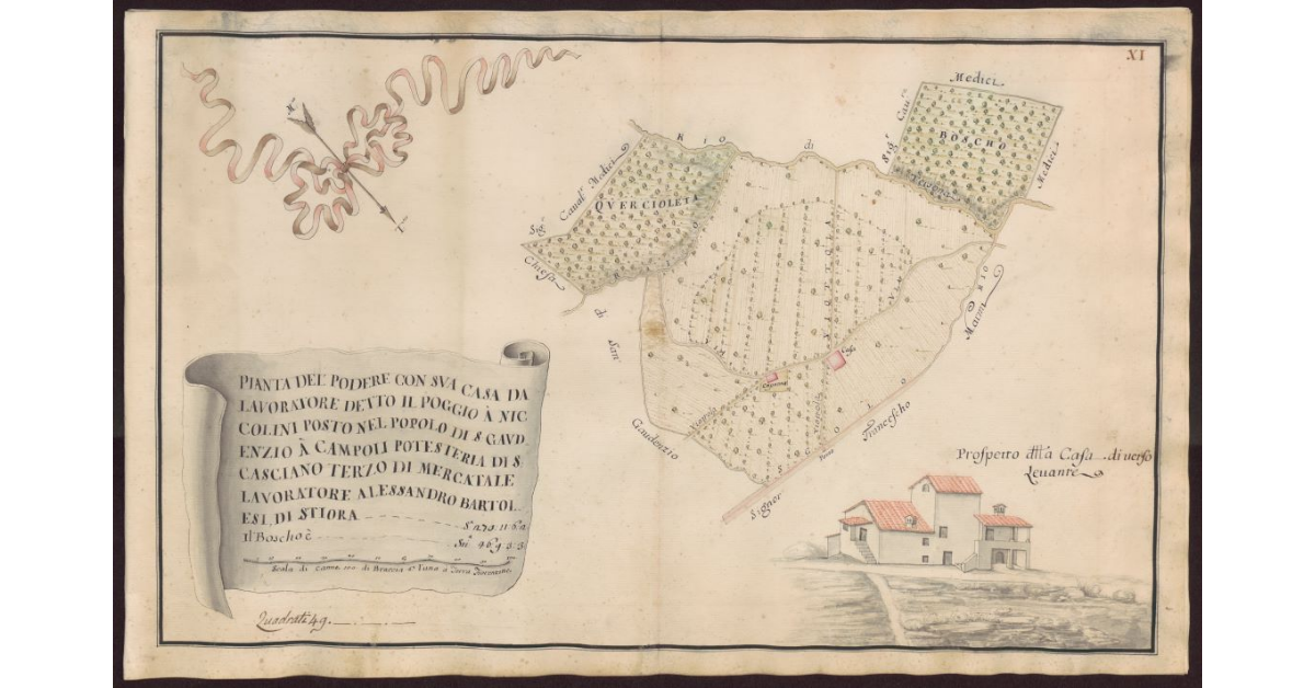Pianta del Podere con sua casa da lavoratore detto il Poggio a Niccolini posto nel Popolo di S. Gaudenzio a Campoli Potesteria di S. Casciano terzo di Mercatale