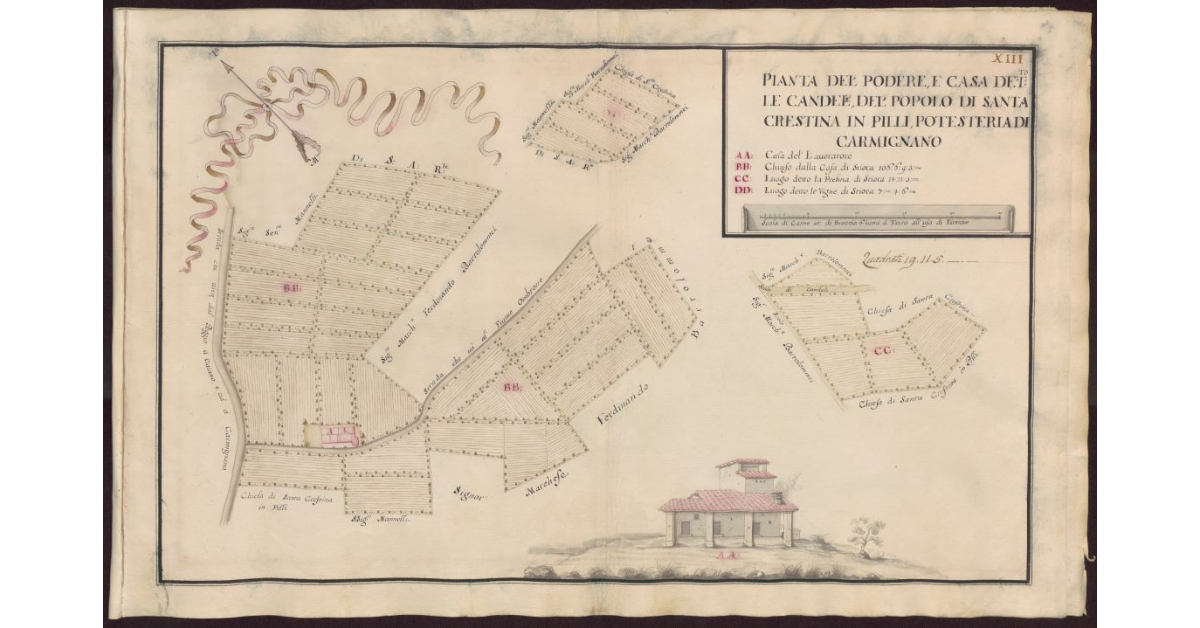Pianta del Podere e casa delle Candele del Popolo di Santa Crestina in Pilli Potesteria di Carmignano