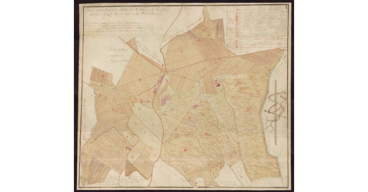 Pianta della Fattoria e villa del Trebbio e de Poderi della Piazza di Cerreto e di Docciolo