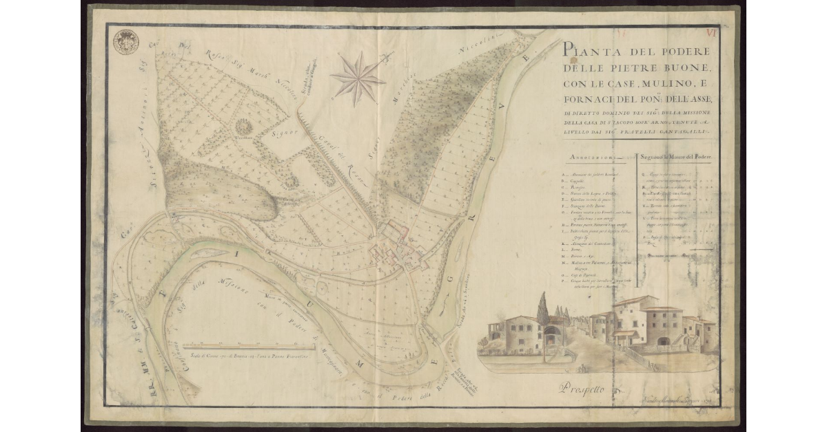 Pianta del Podere delle Pietre Buone, con le case, mulino, e fornaci del Ponte dell'Asse