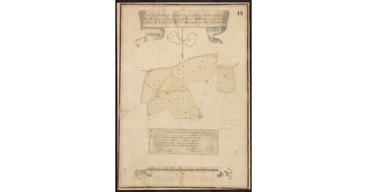 Pianta del Podere di Mezzomonte di dominio diretto de RR. PP. della Missione [...] posto nel Popolo di S. Piero in Gerusalemme Potesteria del Galluzzo