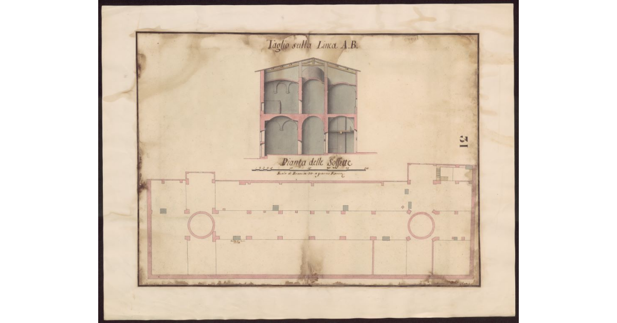 Taglio sulla linea AB [e] pianta delle soffitte [del casamento posto sul Prato a Firenze de RR. Padri di S. Iacopo]