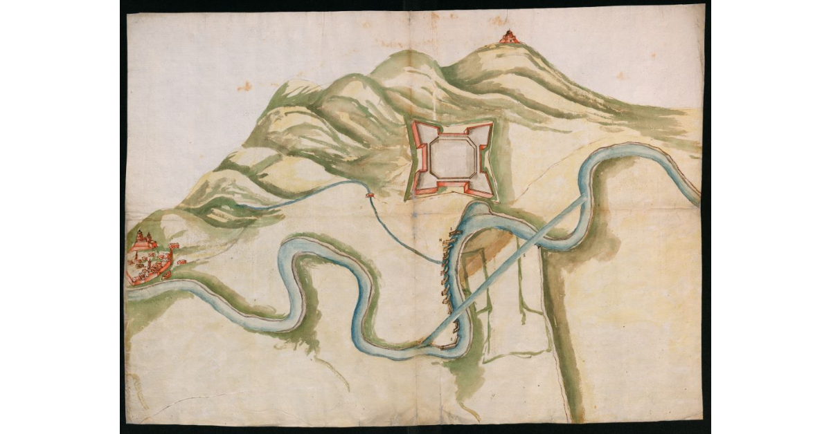 [Pianta prospettica schematica del fiume Montone tra Terra del Sole e Castrocaro, con progetto di raddrizzamento e canalizzazione del corso d'acqua]